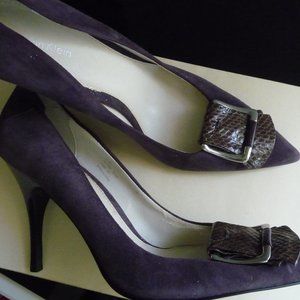 CALVIN KLEIN NEW WOMEN HIGH HEEL PURPLE PUMPS  WITH BROWN REPTILE BOW SI…